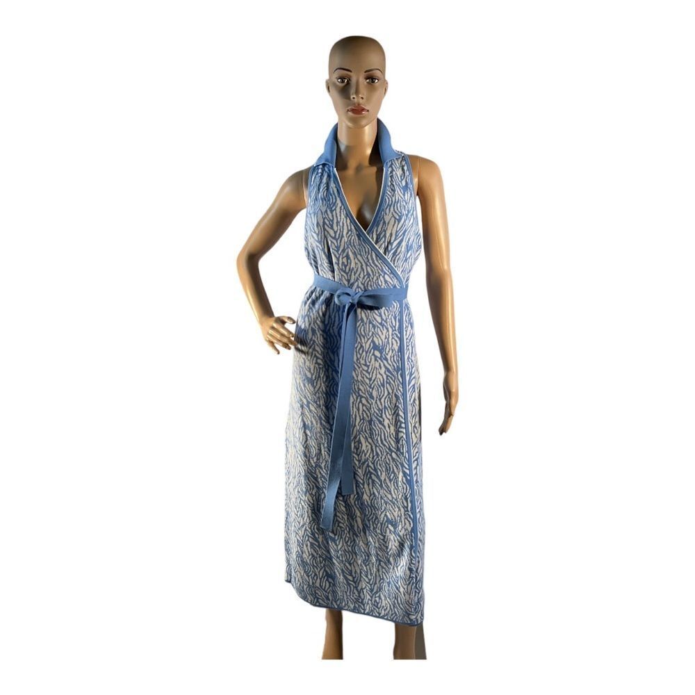 DVF Target Women’s Collared Sleeveless Sea Twig Blue Sweaterknit Wrap Dress SZ L